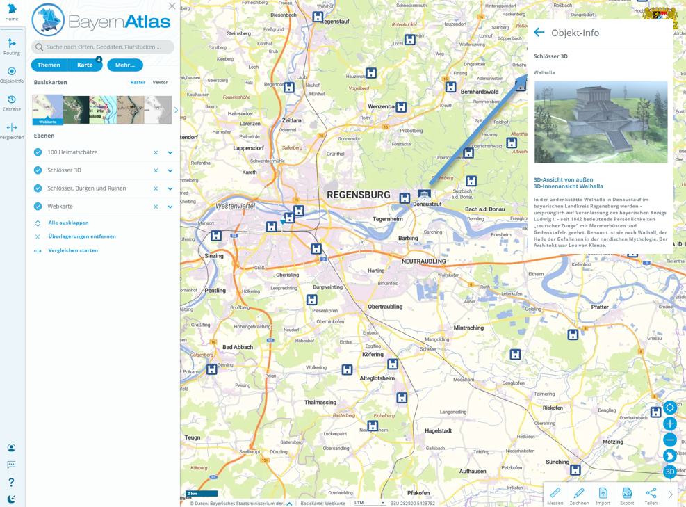 Screenshot BayernAtlas: https://v.bayern.de/pz3yD Zu sehen ist ein Screenshot aus dem BayernAtlas mit u.a. Schlössern.